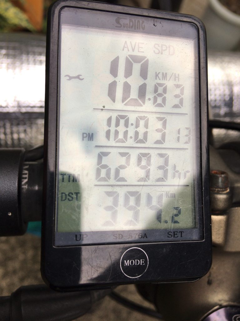 自転車旅行終了、オドメーターは394kmを指してます。