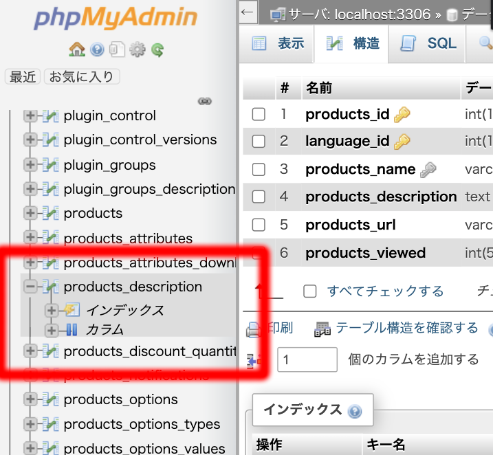 phpMyAdminのproducts_descriptionのインデックス