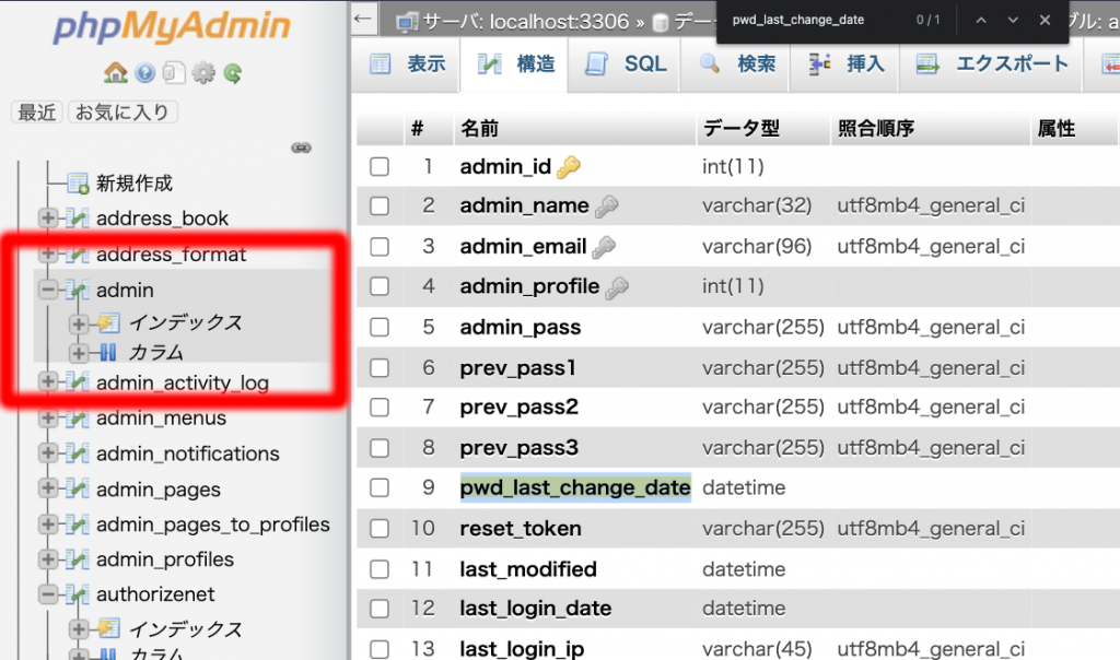 phpMyAdminでpwd_last_change_dataを探す